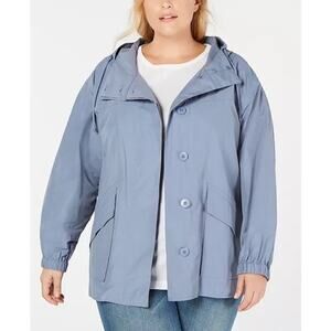EILEEN FISHER Hooded Shirttail Coat Blue Lightweight Organic Cotton Size Large